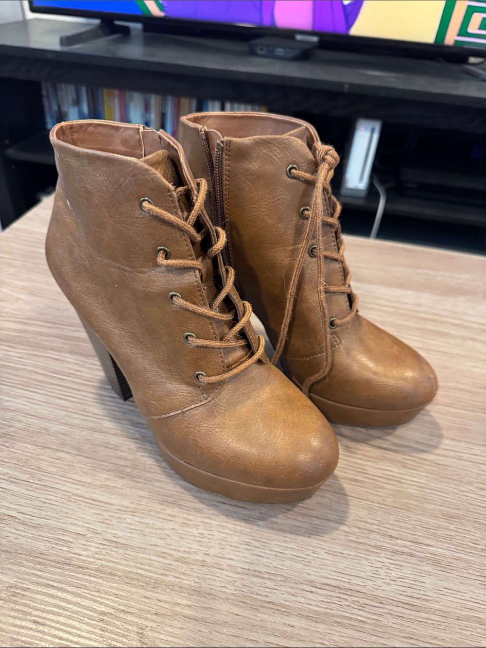 Brash Tan Lace-Up Platform Ankle Boots
